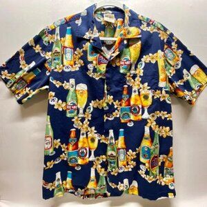 Winnie Fashion Vintage Camp Shirt Men's Large Hawaiian Beer Navy Casual Resort